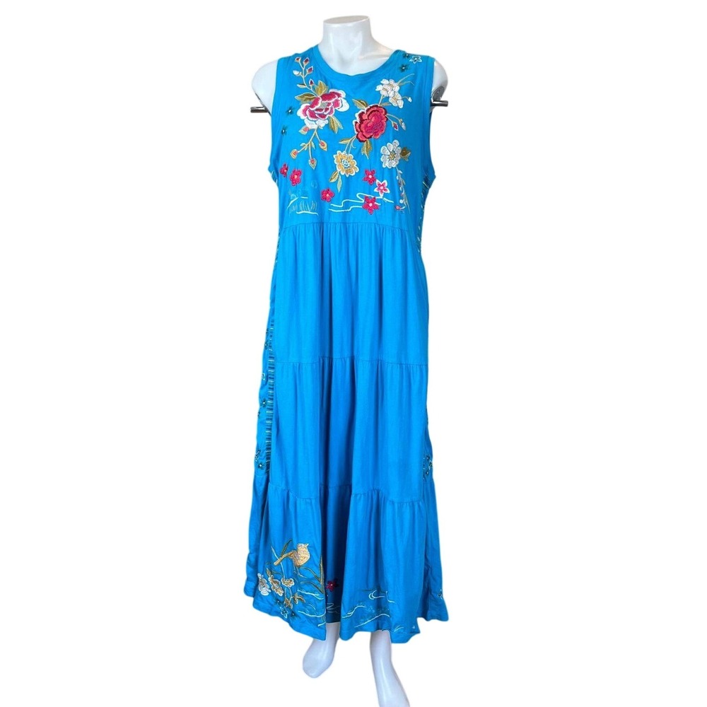 Johnny Was Blue Embroidered Tiered Cotton Maxi Dress Medium Boho Festival Summer